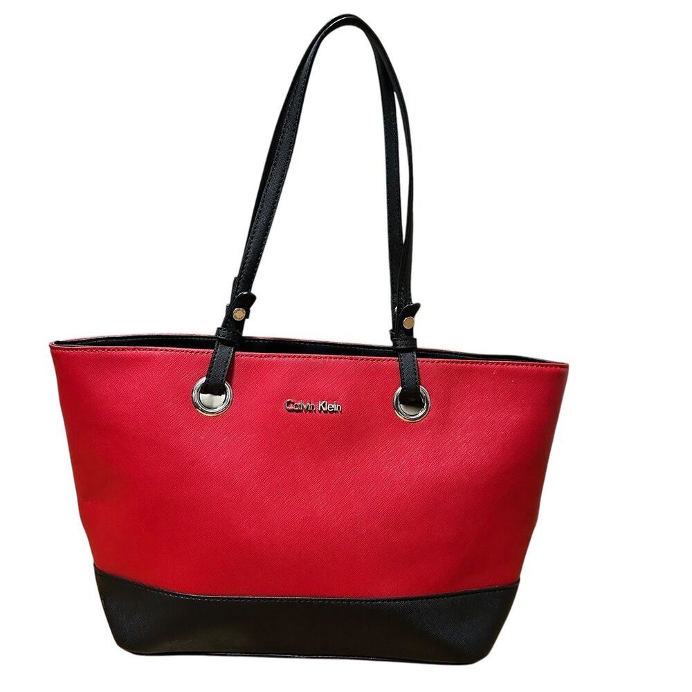 Calvin Klein Red Black Leather Color Block Tote Shoulder Bag